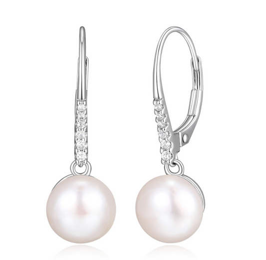 Diamondlite CZ 8.5mm round genuine pearl drop leverback earrings in sterling silver.