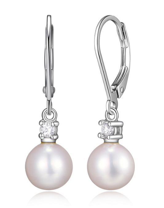 Diamondlite CZ & genuine 8mm round pearl drop leverback earrings in sterling silver.