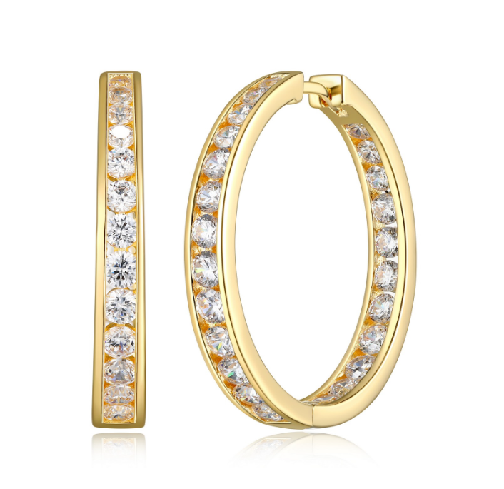 Diamondlite CZ graduated channel set 30mm round hoop earrings in sterling silver with 18K gold plating.